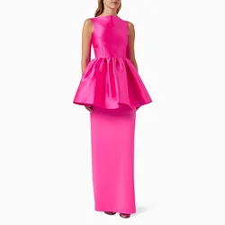 Customized Hot Pink Taffeta Prom Dresses for Women Ruffle Boat Neck Women's Prom Gowns Column/Sheath Sleeveless Evening Dress