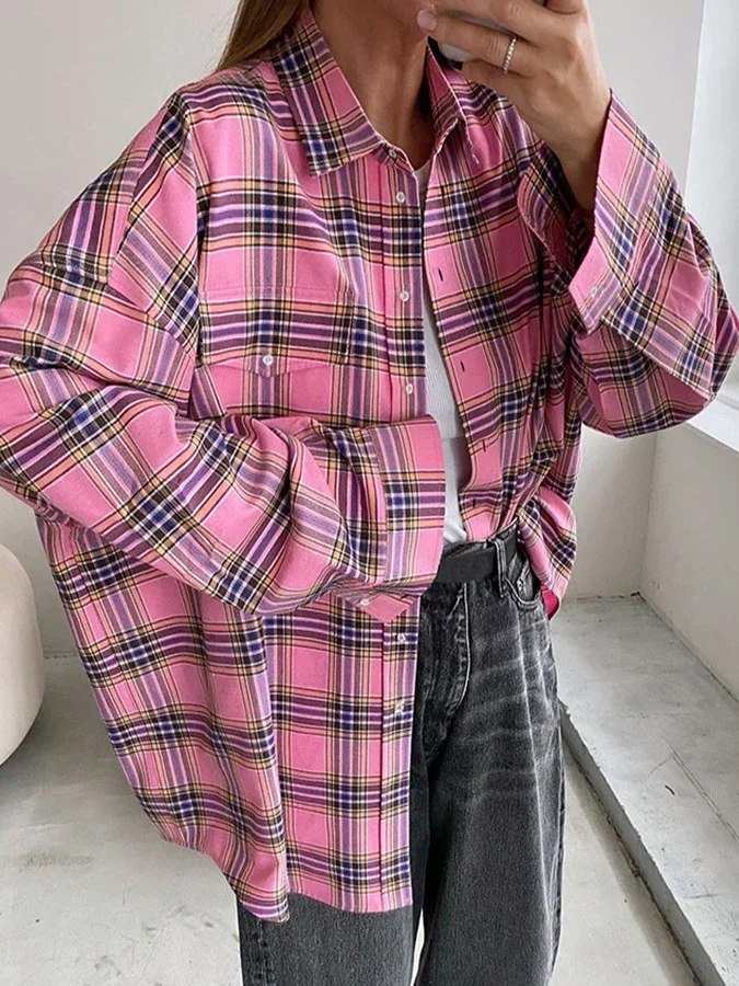 

Vintage Pink Big Plaid Button Up Shirt for Women 2024 Spring Button Up Beautiful Women's Blouses and Tops Office Wear Jackets