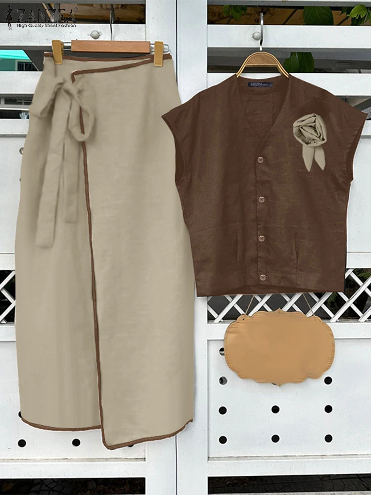 

ZANZEA Vintage Solid Color Women Dress Sets 2025 Casual Short Sleeve Tops Maxi Skirts 2PCS Elastic Waist Flower Elegant Suits