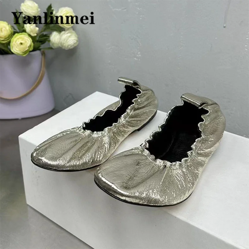 

Hot Sales Ballet Shoes Women Round Toe Shallow Loafers Fashion Pleated Genuine Leather Casual Shoes Cosy Flat Walk Shoes Woman