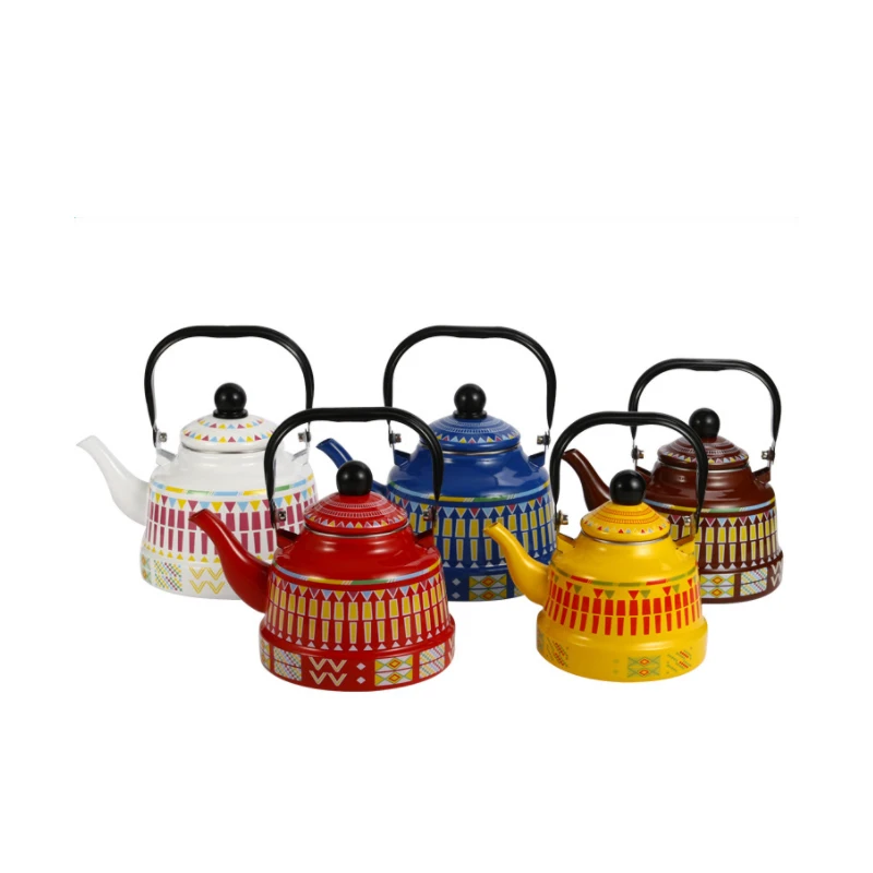 1.1L Enamel Coated Kettle Geometric Flower Ancient Clock Pot Household Tea Coffee Pot Enamel Middle East Pot