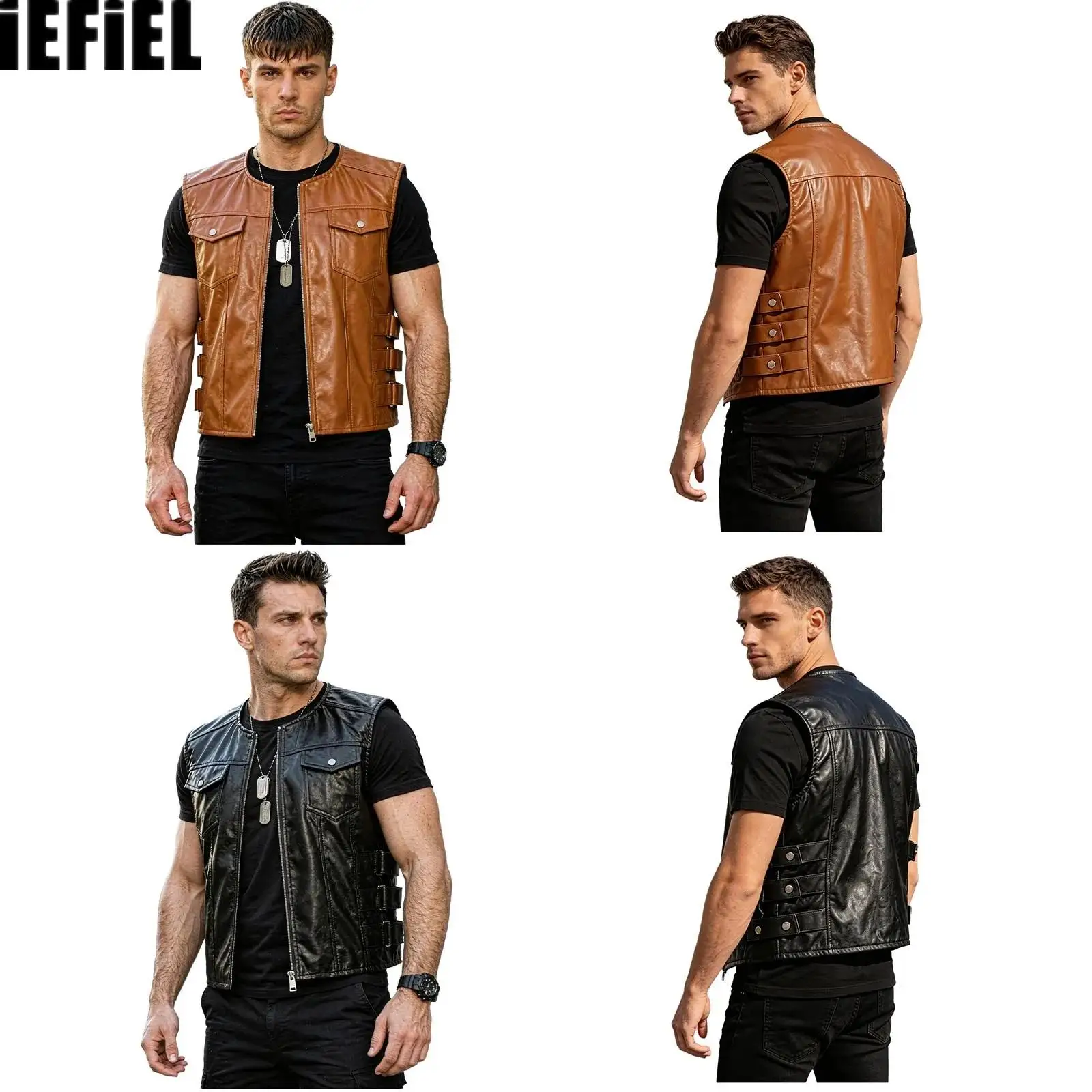 Men Motorcycle Faux Leather Party Vest Side Button Straps Zipper Sleeveless Jacket with Flap Pockets for Motorcycling Club
