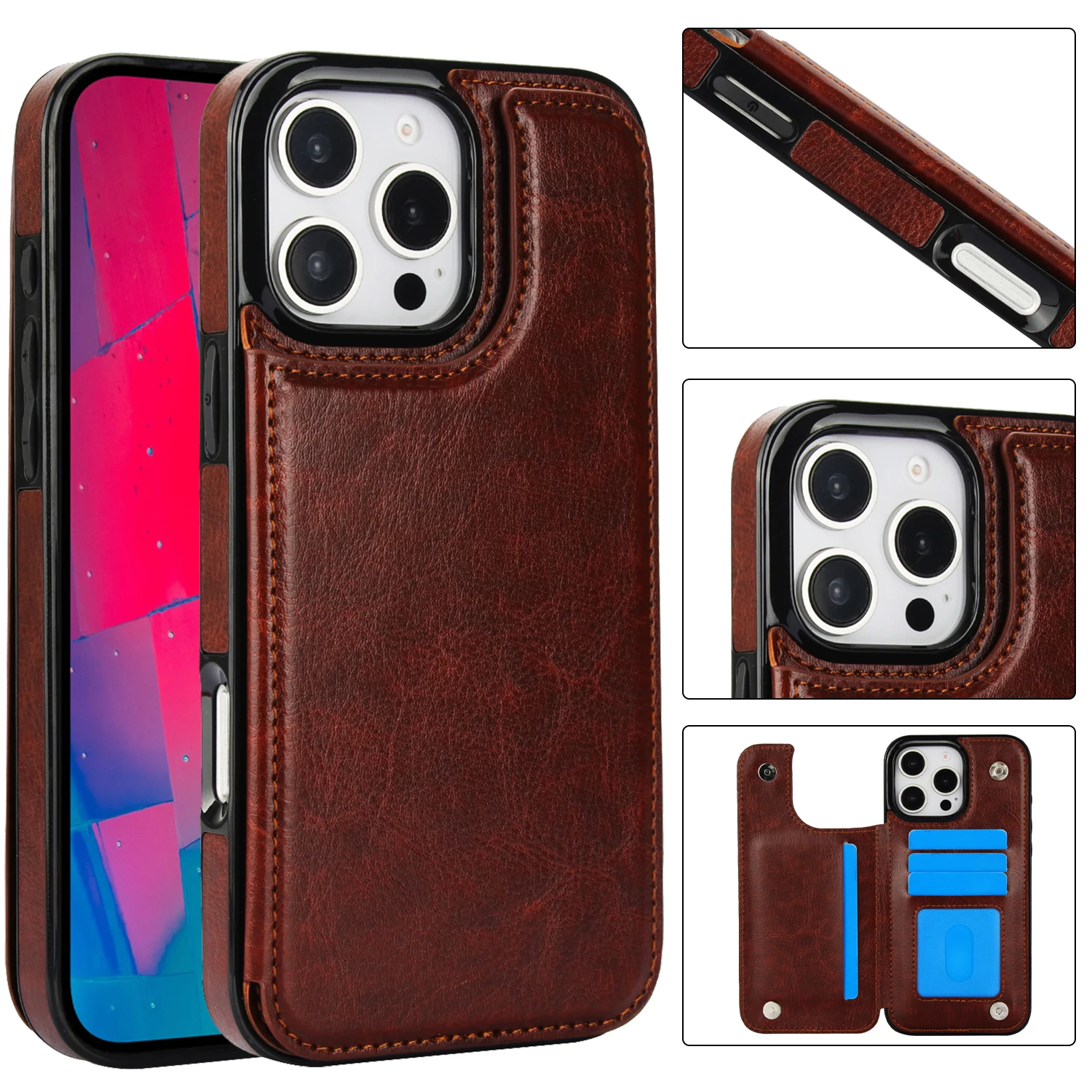 

Чехол для телефона Iphone 17 16, 15, 14, 13, 12, 11 Pro Max, подставка из искусственной кожи, держатель для карт, двойная магнитная застежка, прочный чехол