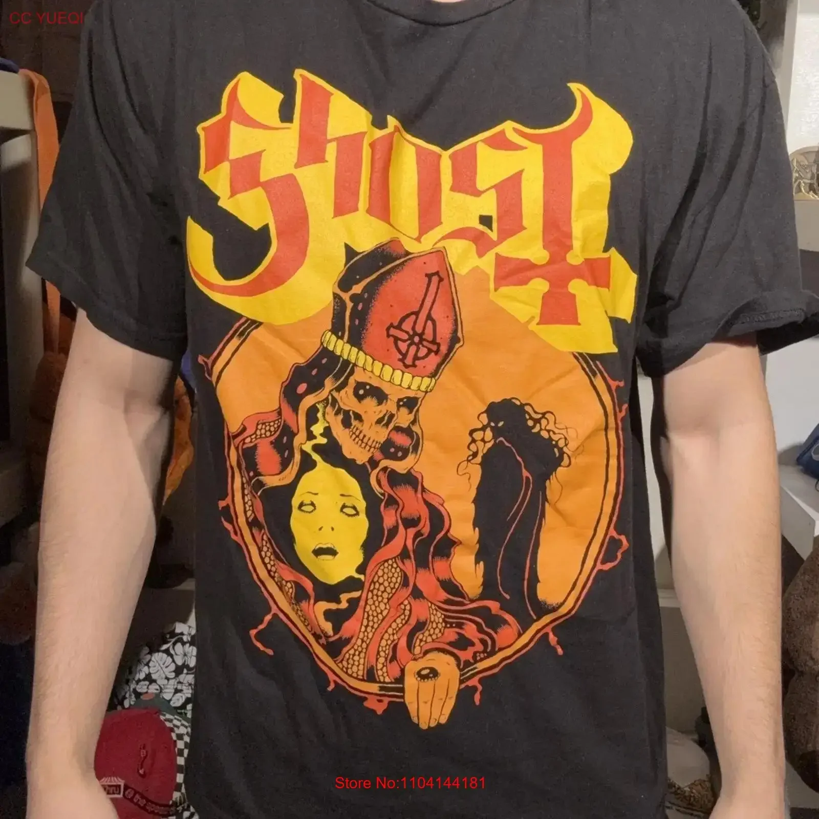 Modern Oversized Metal Band Ghost Pope Religious Orange Black T Shirt XXL long or short sleeves vintage Washed Comfortable