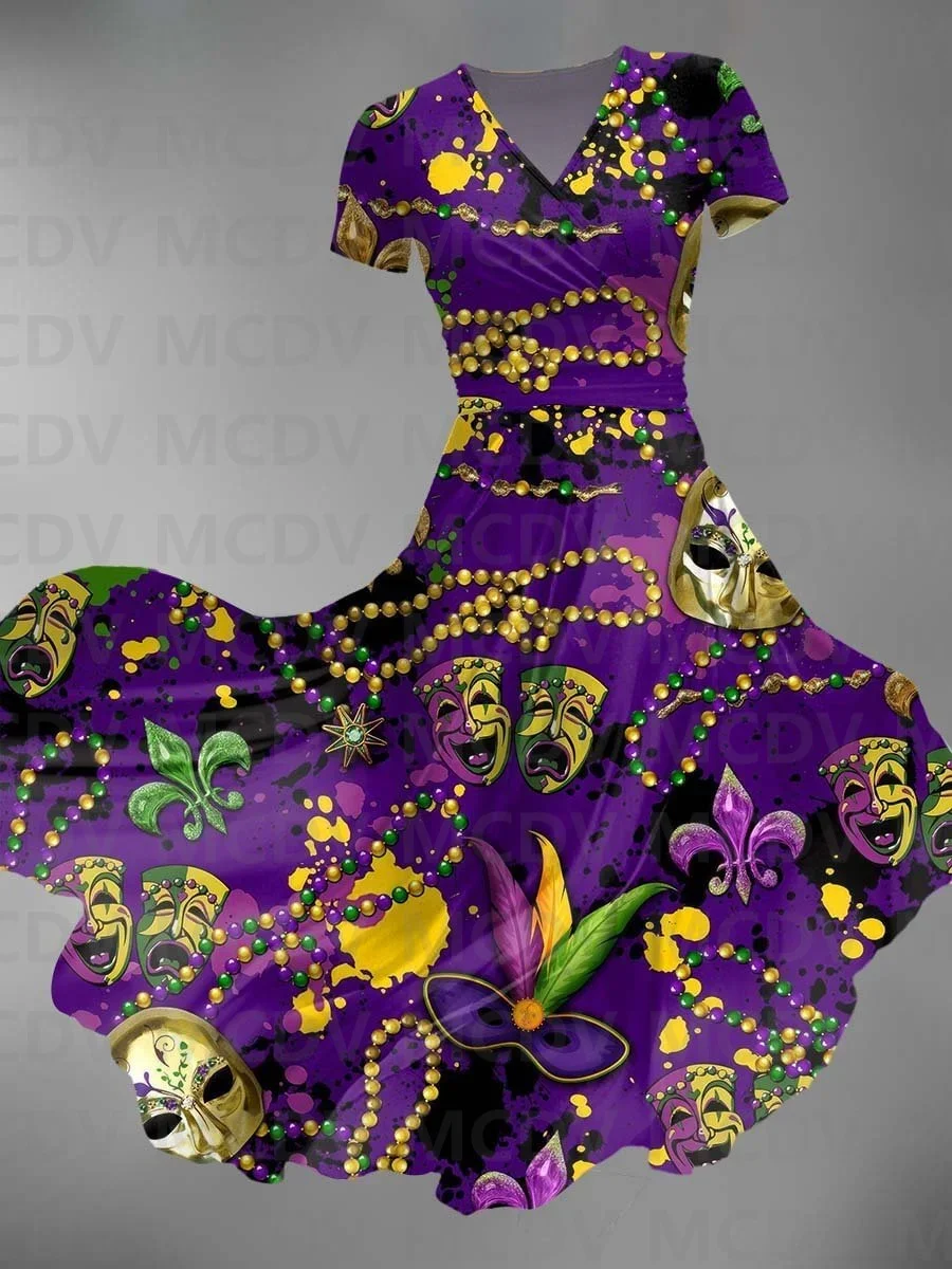 Women's Vintage Mardi Gras Florar Print Maxi Dress 3D Printed Sexy V-neck Dress Female Dresses