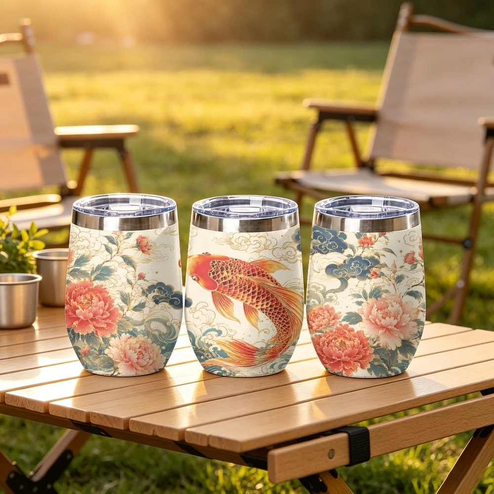 Koi Fish and Floral Vacuum Flasks 12oz Stainless Steel Insulated Tumbler Vacuum Coffee Mug Egg Shaped Travel Thermos