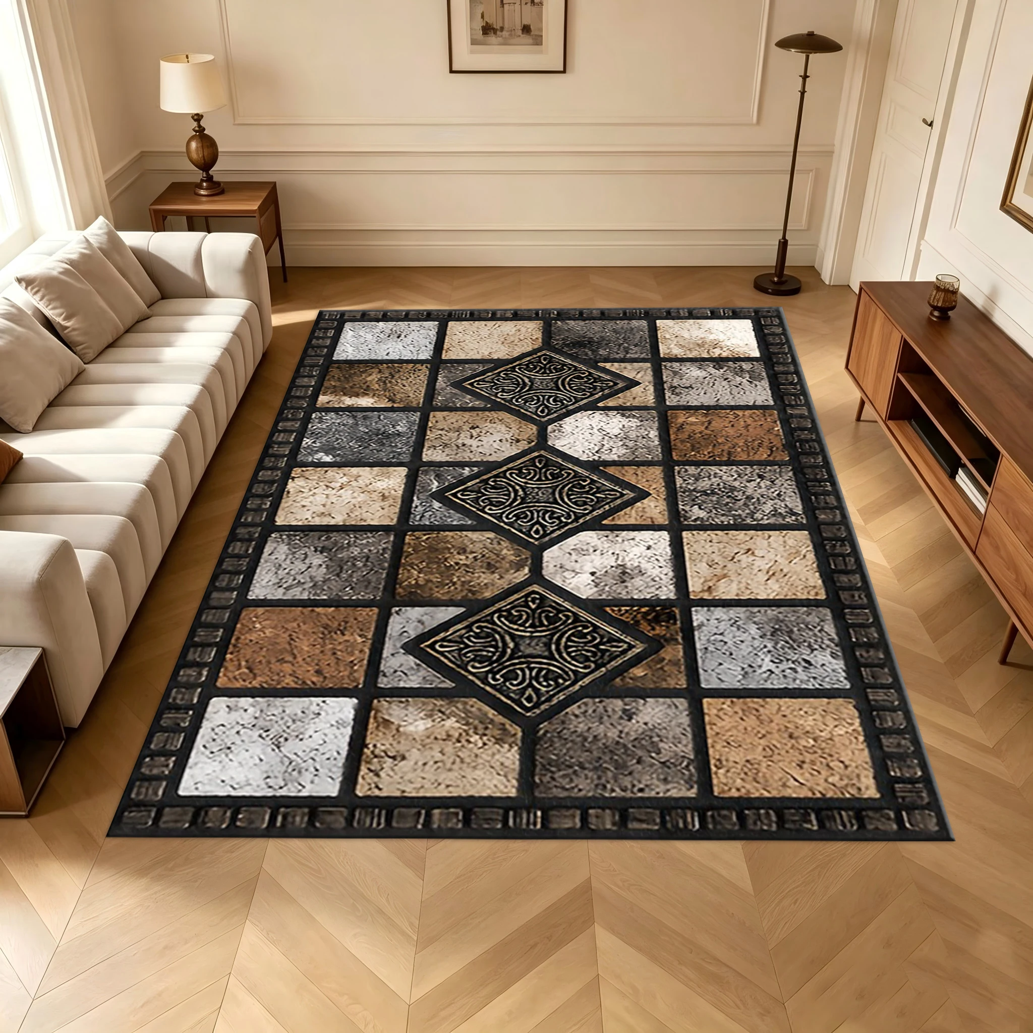Vintage Ornate Mosaic Tile Style Carpet with Retro Antique Patterns, Suitable for Living Room Home Decoration