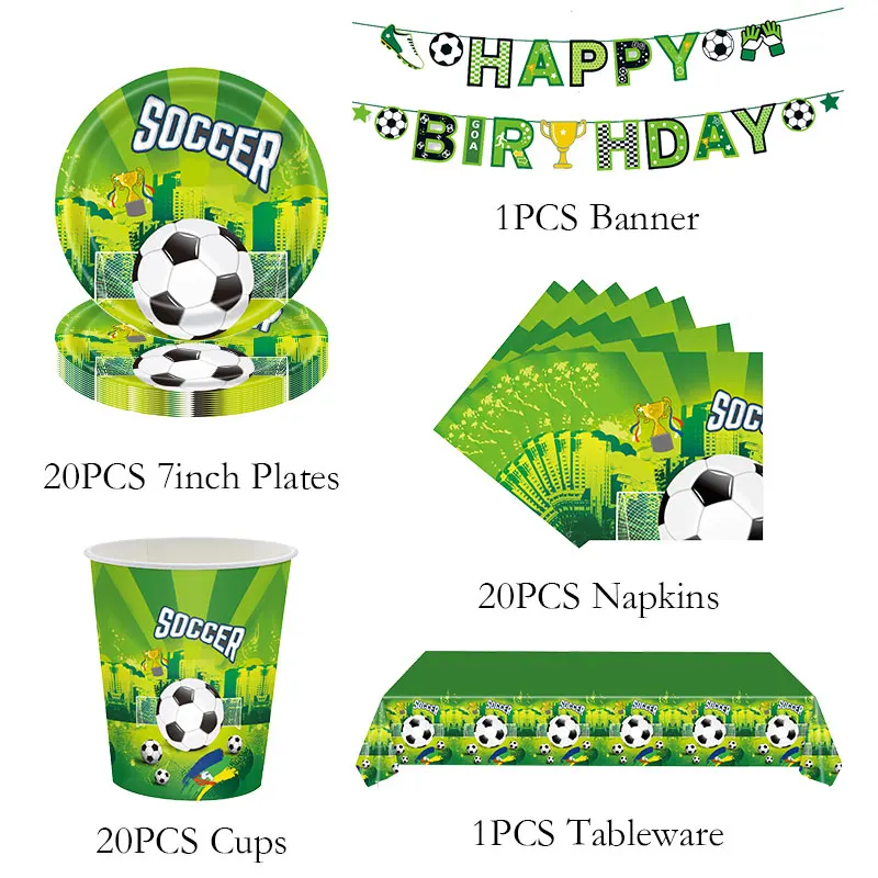 Soccer Football Birthday Party Decoration Kids Soccer Sports Theme Tableware Cup Plate Banner Balloon Supplies Set For Boy Favor