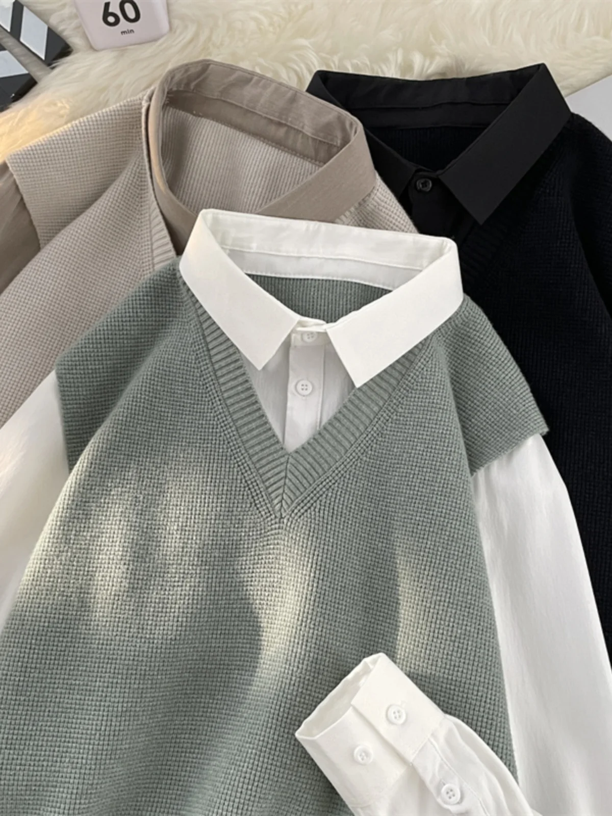 

Loose Fit Men's Long Sve Knitted irt Inner Wear Casual Sle V-Ne T-irt Youthful Trendy Color Autumn Wear