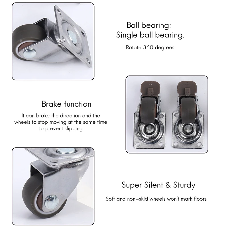 AB47-4 Pack 1 Inch Low Profile Casters Wheels Soft Rubber Swivel Caster With 360 Degree Top Plate 100 Lb Total Capacity For Set