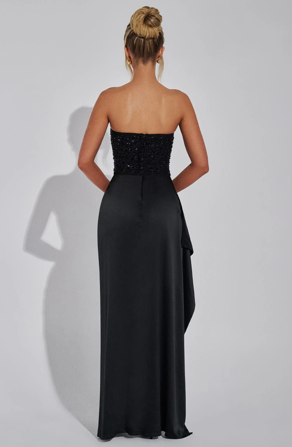 Strapless Black Maxi Formal Dress Rhinestone Corset Bodice Satin Ruched High Slit Dresses Women Prom Evening Party Long Gown view 2