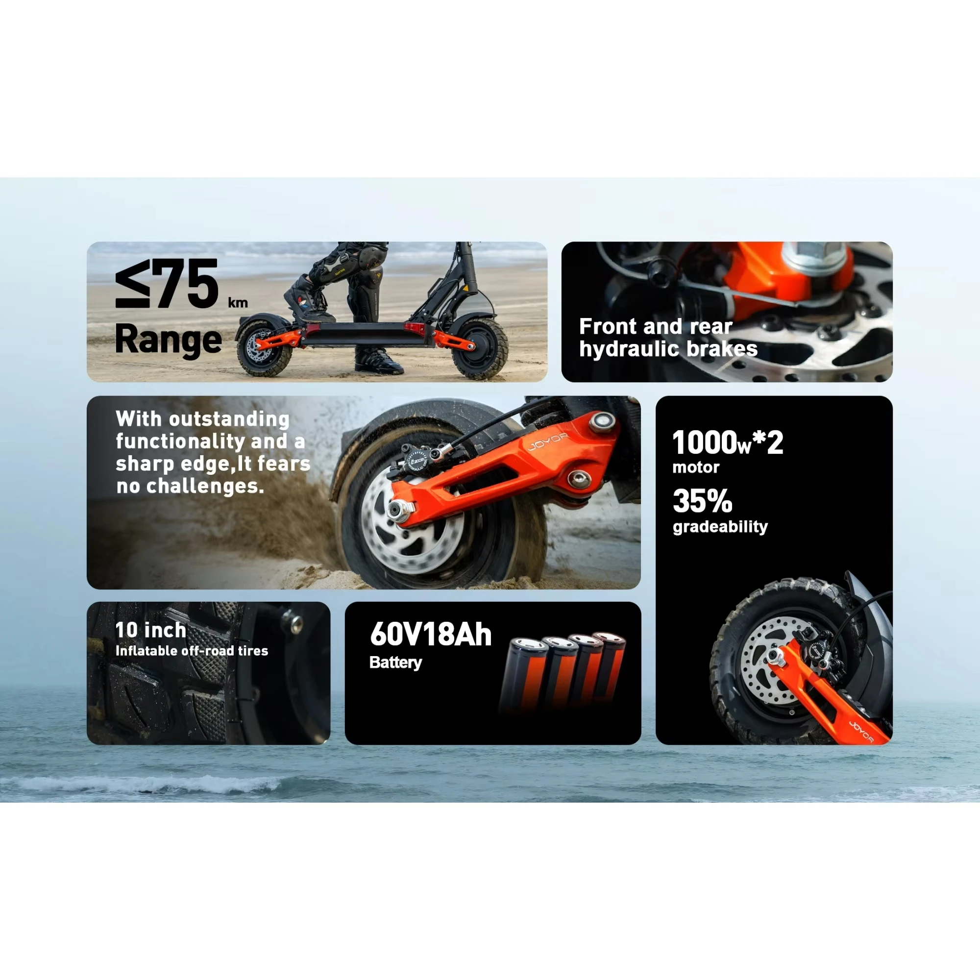 JOYOR T10 سكوتر كهربائي للبالغين 2000 واط محرك مزدوج 60V18Ah بطارية 10 بوصة الإطارات الهيدروليكية الفرامل سكوتر كهربائي قابل للطي #4
