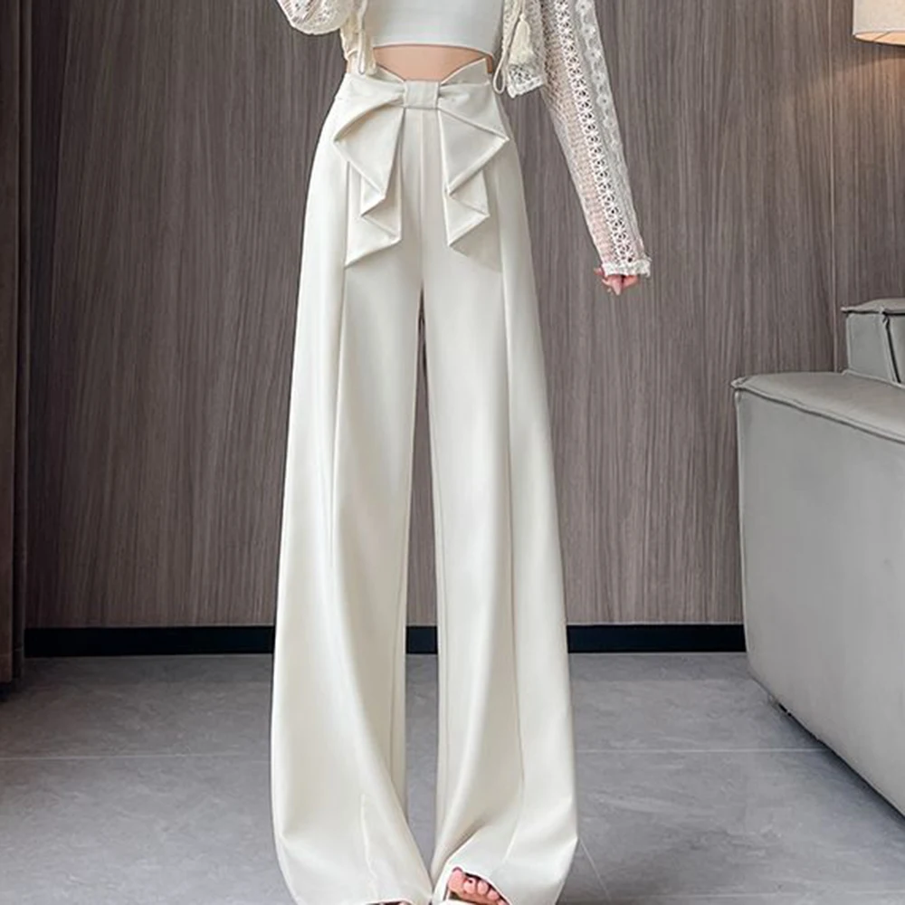 2025 summer breathable high-waisted bow straight wide-leg pants women's narrow version  high casual trousers