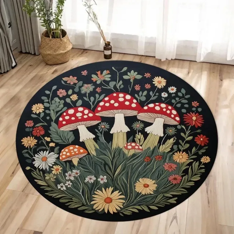 Mushroom Pattern Round Rug – Non-Slip Vintage Floor Mat for Living Room, Bedroom & Kitchen Decor