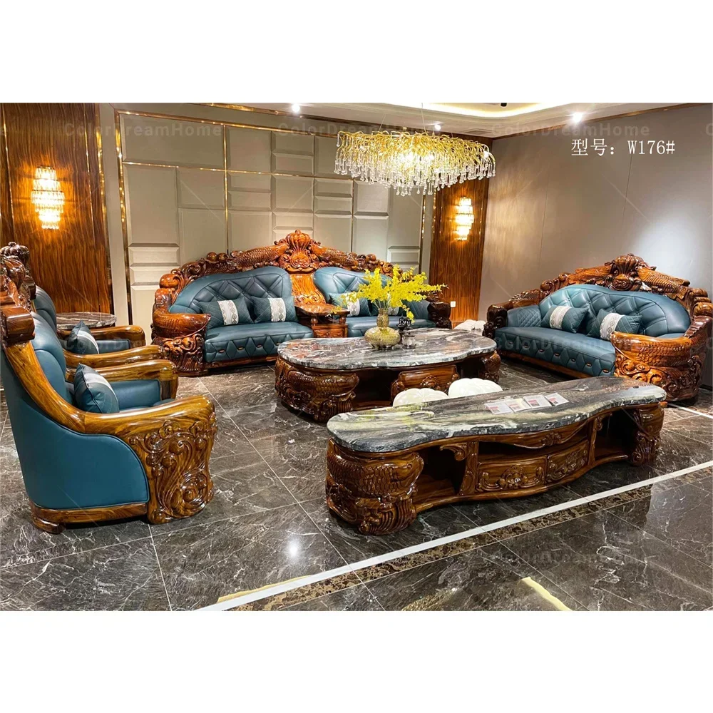 2026 Household villa furniture wood carved sofa set leather sofa ebony living room sofas(old)
