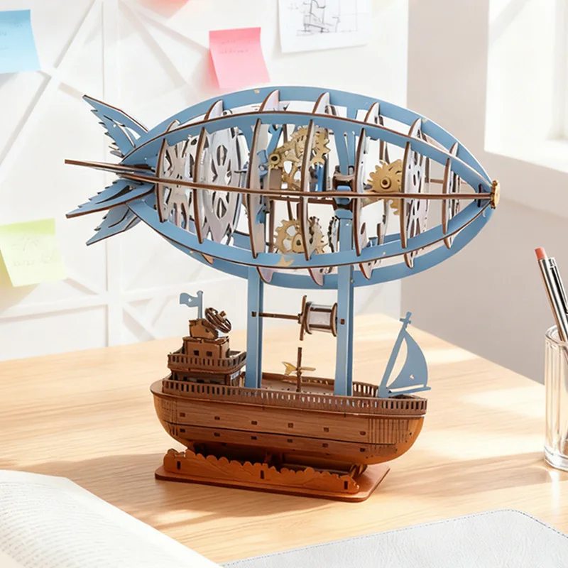 DIY Wooden 3D Puzzle Steampunk Airship Model, Colorful Spray-Paint Mechanical Building Kit, Montessori Educational Toy