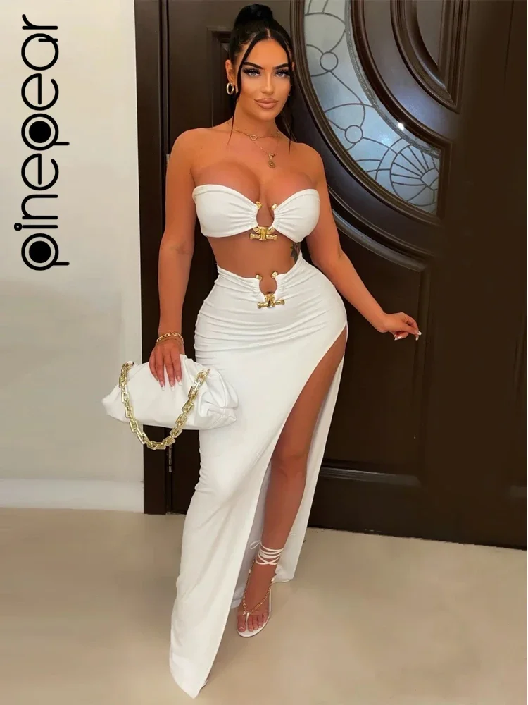 PinePear Sexy Solid 2 Piece Set Women Fashion Wraped Chest Crop Tops+Asymmetrical Matching Skirts Slim Fit Female New Attirewear