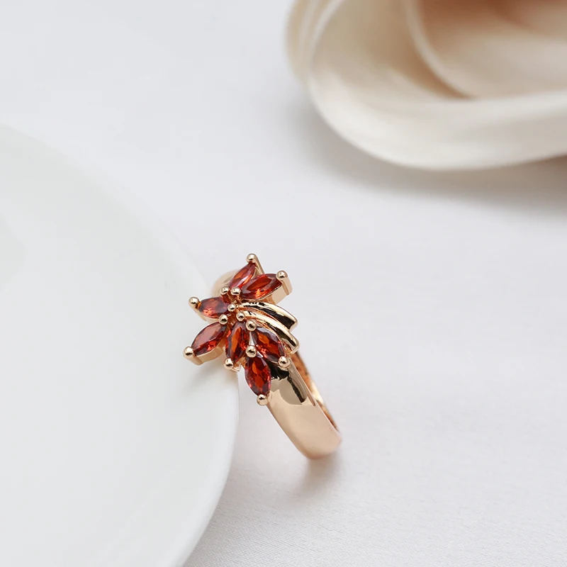 Kinel New Red Natural Zircon Flower Ring for Women 585 Rose Gold Ethnic Bride Rings High Quality Daily Fine Vintage Jewelry