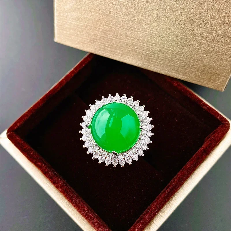 S'rJewelry Ice Sparkling Fluorescent Round Green Chalcedony Temperament Set Female Birthday Gift 14 * 14