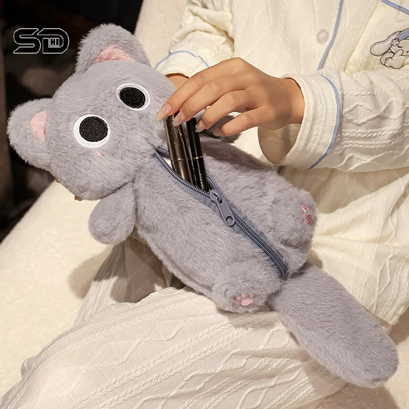 Cute Gray Furry Kitten Pencil Case High-value Desktop Large-capacity Pencil Box Student Stationery Storage Case