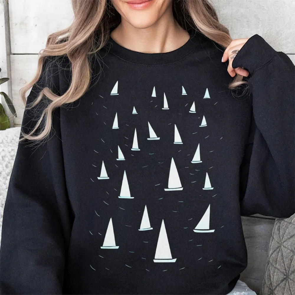 Bluza z motywem żaglówki, marynarski wzór, jesień zima, luźna, z długim rękawem, fajna, relaksowana, motyw morski, wybierz topy z tkaniny.