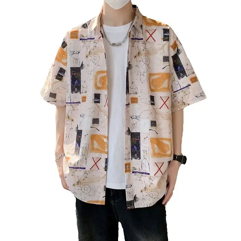 Men's Hong Kong Style Casual Summer Ice Silk Hawaiian Shirt Short Sleeve Beach Streetwear Print Loose Daily Nightclub Top