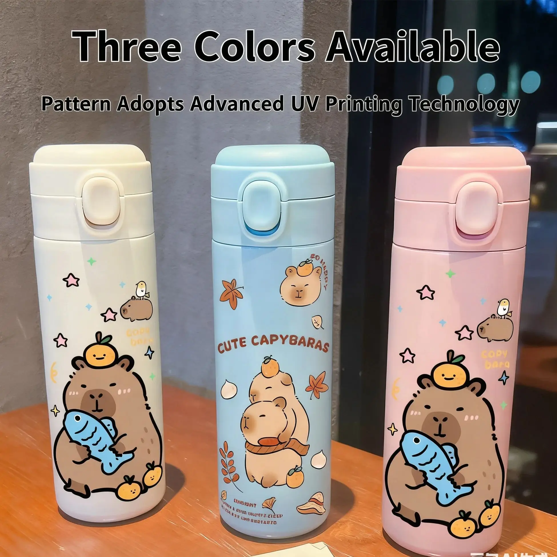 Cute Capybara Pattern Stainless Steel Thermos Bottle, One - Click Open Leak - Proof Insulated Water Bottle for Daily Use