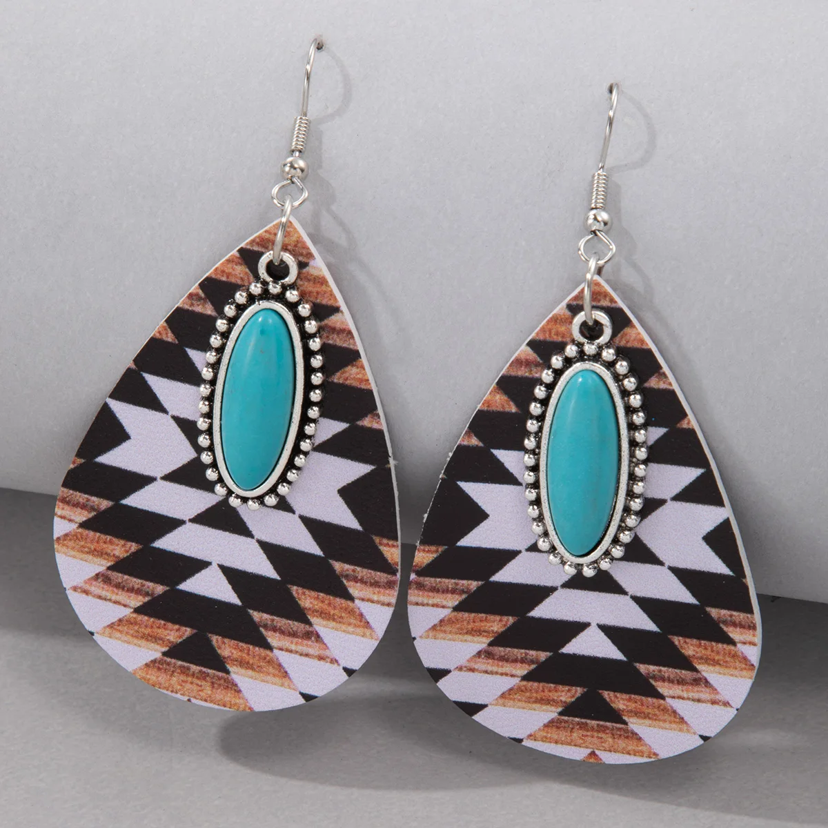 Tocona Fashion Geometric Print Water Drop Earrings Inlaid with Oval Green Stones Daily Resort Jewelry Gift for Women