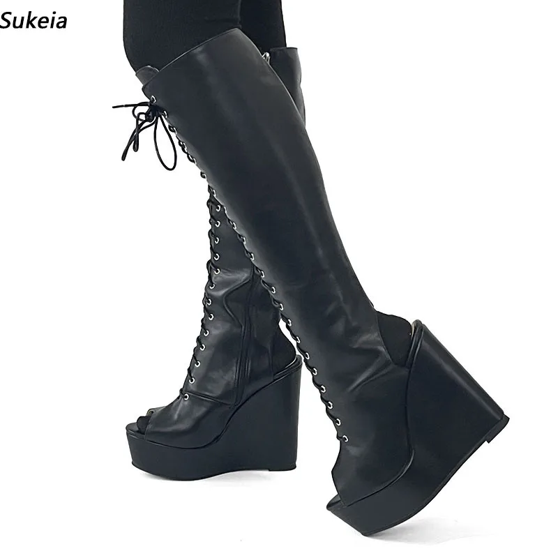 

Sukeia Handwork Women Spring Knee Boots Lace Up Wedges Heels Peep Toe Elegant Black Club Shoes Ladies US Size 5-20