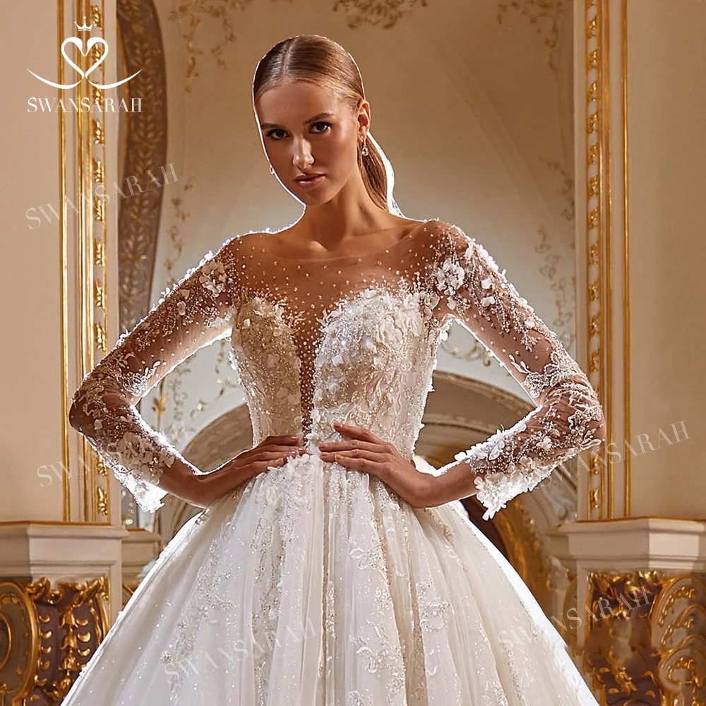 open lace back dress Ivory Tulle Boho Princess A-line V-neck Long Sleeves Wedding Dresses, MW669