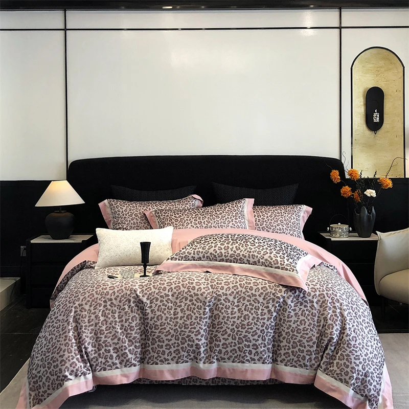 800TC Lyocell Cotton Soft Silky Luxury Bedding Set Leopard Print Wide Edge Duvet Cover Flat/Fitted Bed Sheet Pillowcases 4Pcs