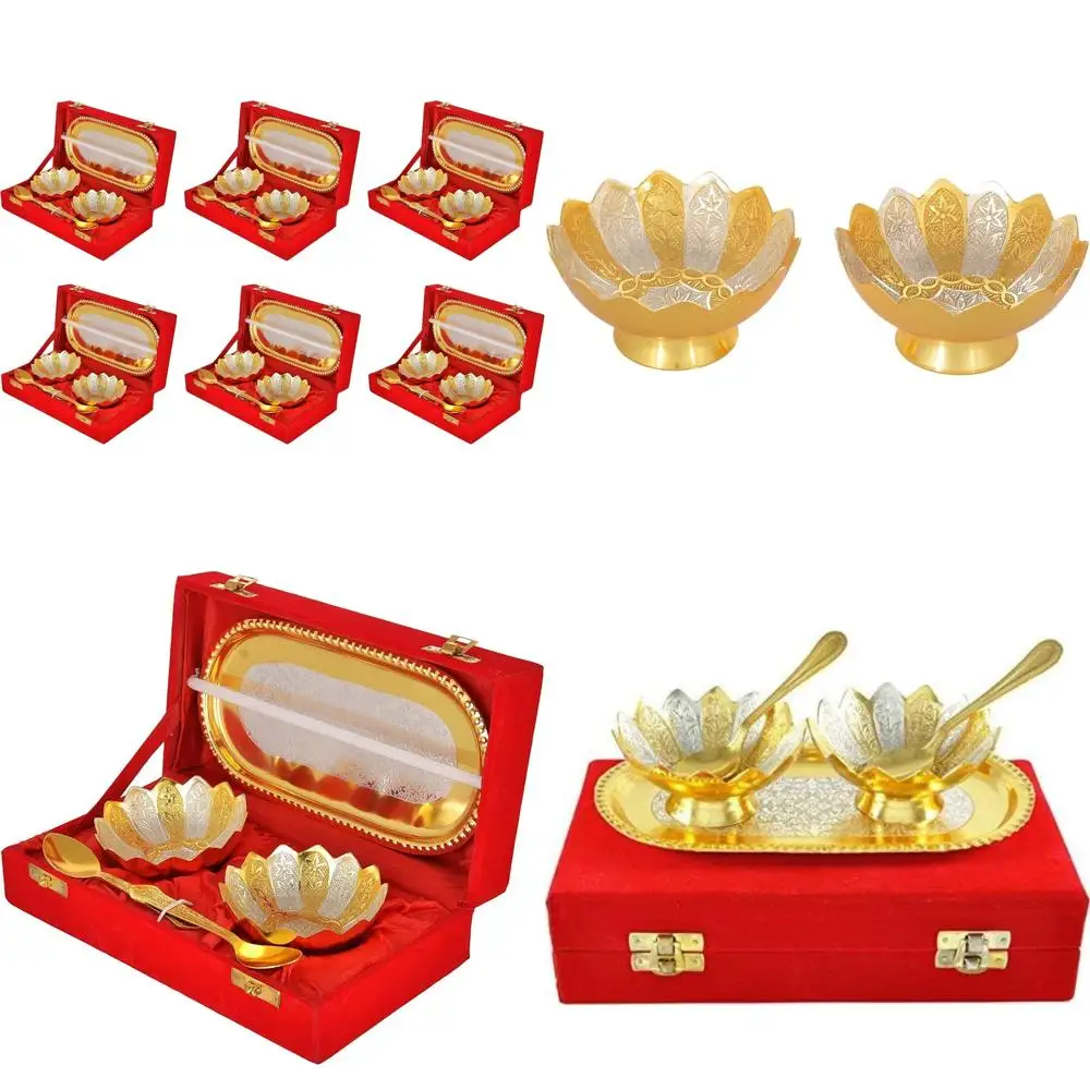 

Gold Silver Plated Bowl Spoon Tray Set for Dry Fruits, Dessert Serving, Diwali Gifts, Ideal for Friends and Family, Home Decorat
