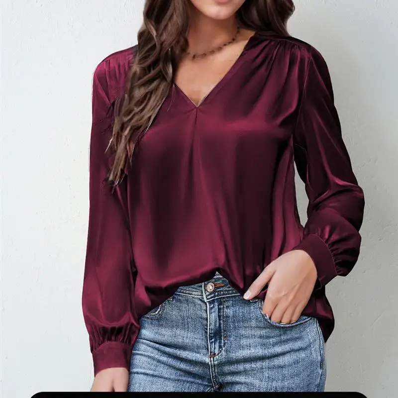 

Women's Casual Loose irt V-ne Folded Wrinkles Commute Sle Long Sve Daily Wear Pure Color Busin Office Ladies' Top