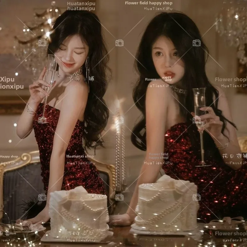 

Корейский стиль: Новинка! Комплект для фотосессии в стиле принцессы: укороченный топ с пайетками и юбка для дня рождения и студийных съемок.