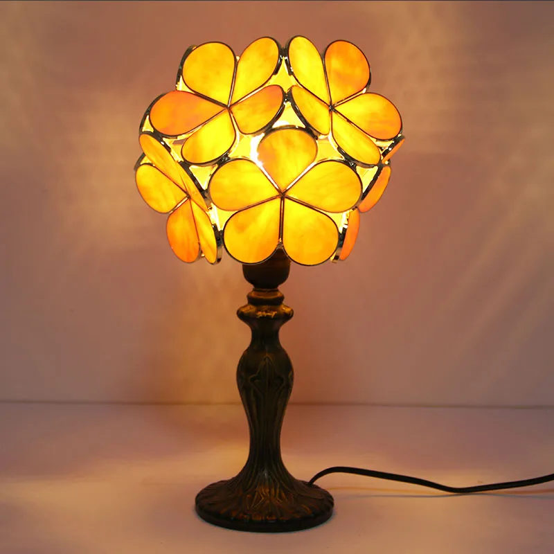 

Stained Glass Dome Shade AC Powered Antique Pink Petals Copper Style Table Lamp with Metal Base Home Decor