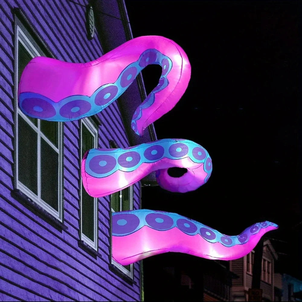 Image of 3 Stück Oktopus-Tentakel-Halloween-Aufblasbare für den Außenbereich, Fensterdekoration, Oktopus-Beine mit integrierten LEDs, Halloween-Requisiten für Haustür, Fenster und Dach, aufblasbare Dekoration