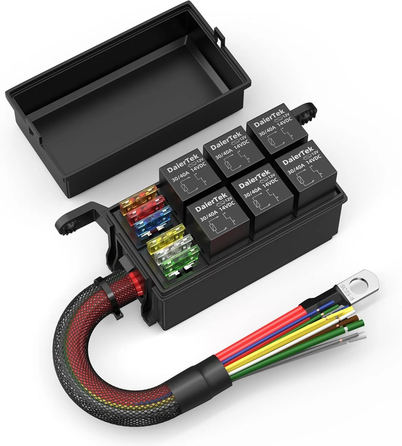 

12V Relay Box Sturdy Black 12 AWG Pre-Wired Waterproof Relay Box 6 Slot ATC/ATO Fuse Relay Block for Automotive Car Marine Boat