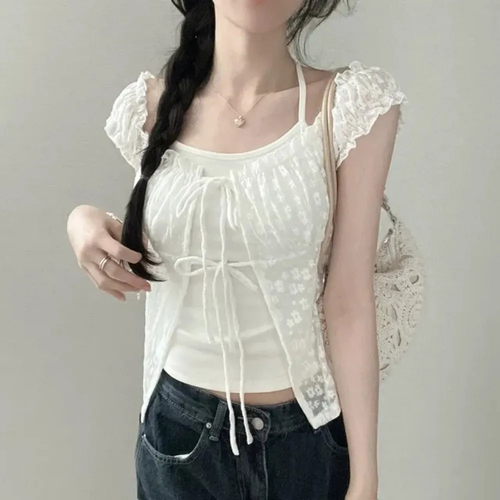 

Korean Design Sensation Women's Summer Chiffon Top Lace Floral Print Halter Neck Tie Short Sleeve Short Length Fashionable