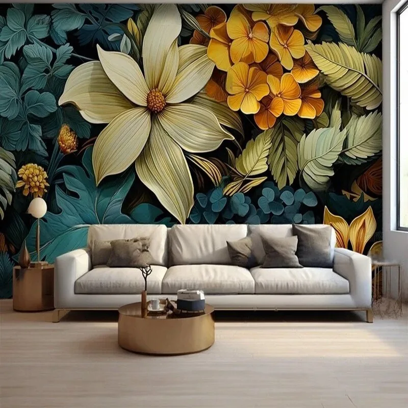 Custom Chinese Style Botanical Wall Mural Wallpaper Forest Flower Leaf Pattern Large Wall Art Personalized Living Room Wall Deco