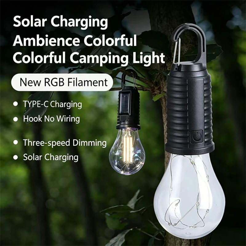 Solar LED Bulb Lights Hanging Portable LED Fairy Lights with Hook Waterproof Outdoor Lanterns for Camping Tent Garden Patio Yard