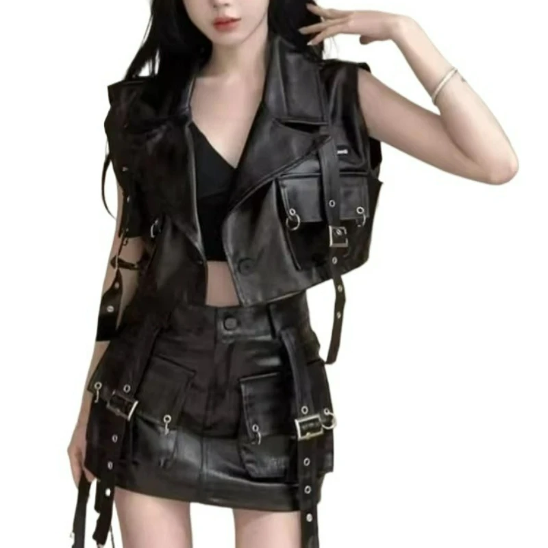 Hot Girl Heavy Industry Punk Cargo Vest Women's Summer New Cool Belt Buckle Pu Leather Jacket Short Skirt Set Exquisite Simple