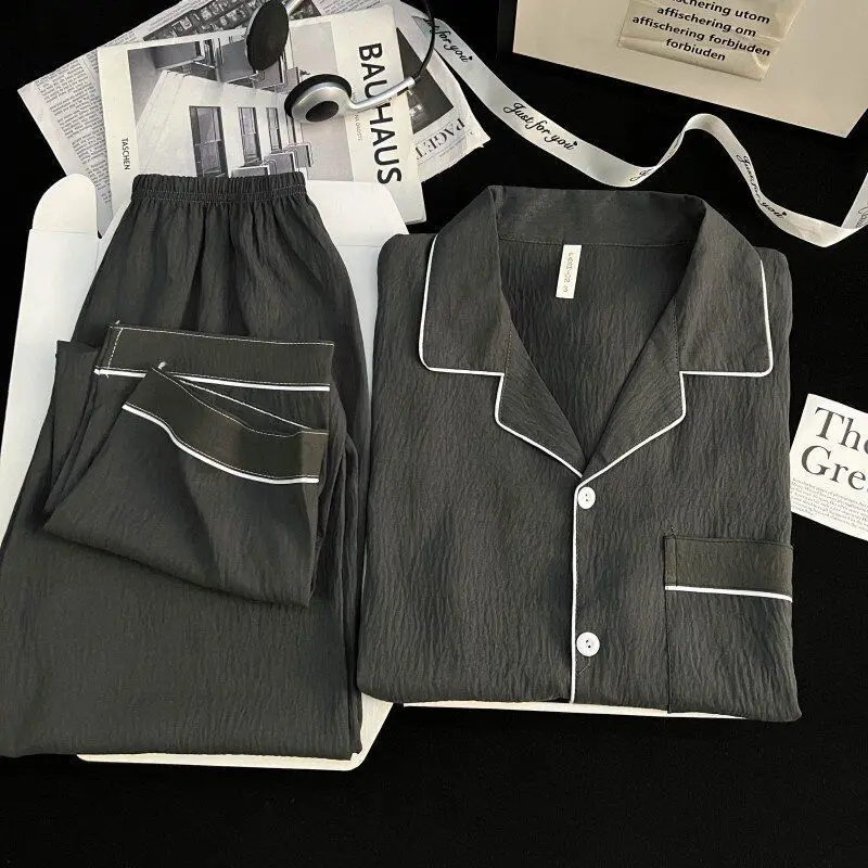 Men's Pajamas Spring and Autum Long Sleeved Pants Simple Solid Color High-End Sense Two-Piece Set Student Sleepwear Homewear
