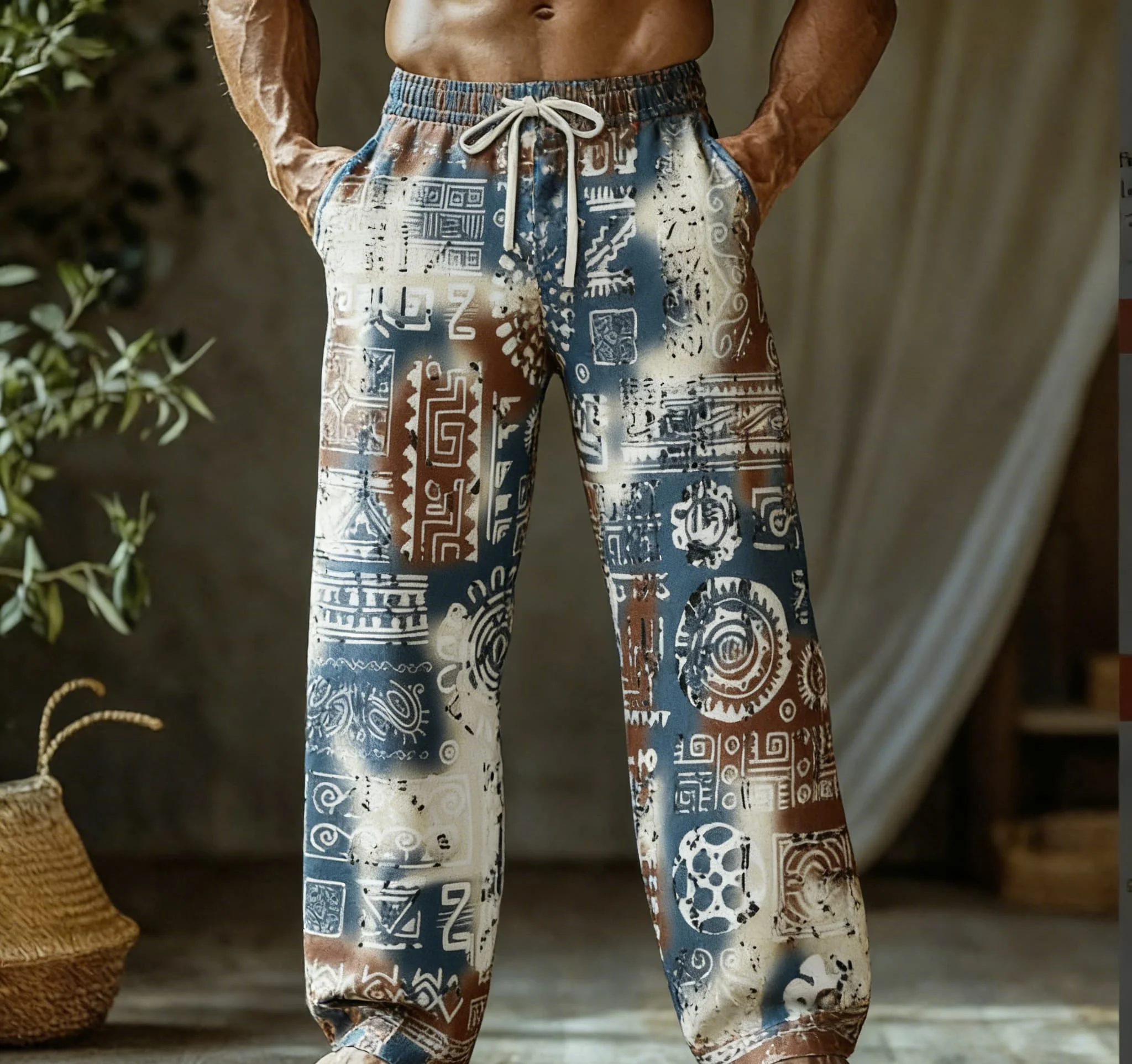 Men's Summer Thin Quick-Dry Hawaiian Tropical Style American Retro Loose Straight Leg Casual Pants