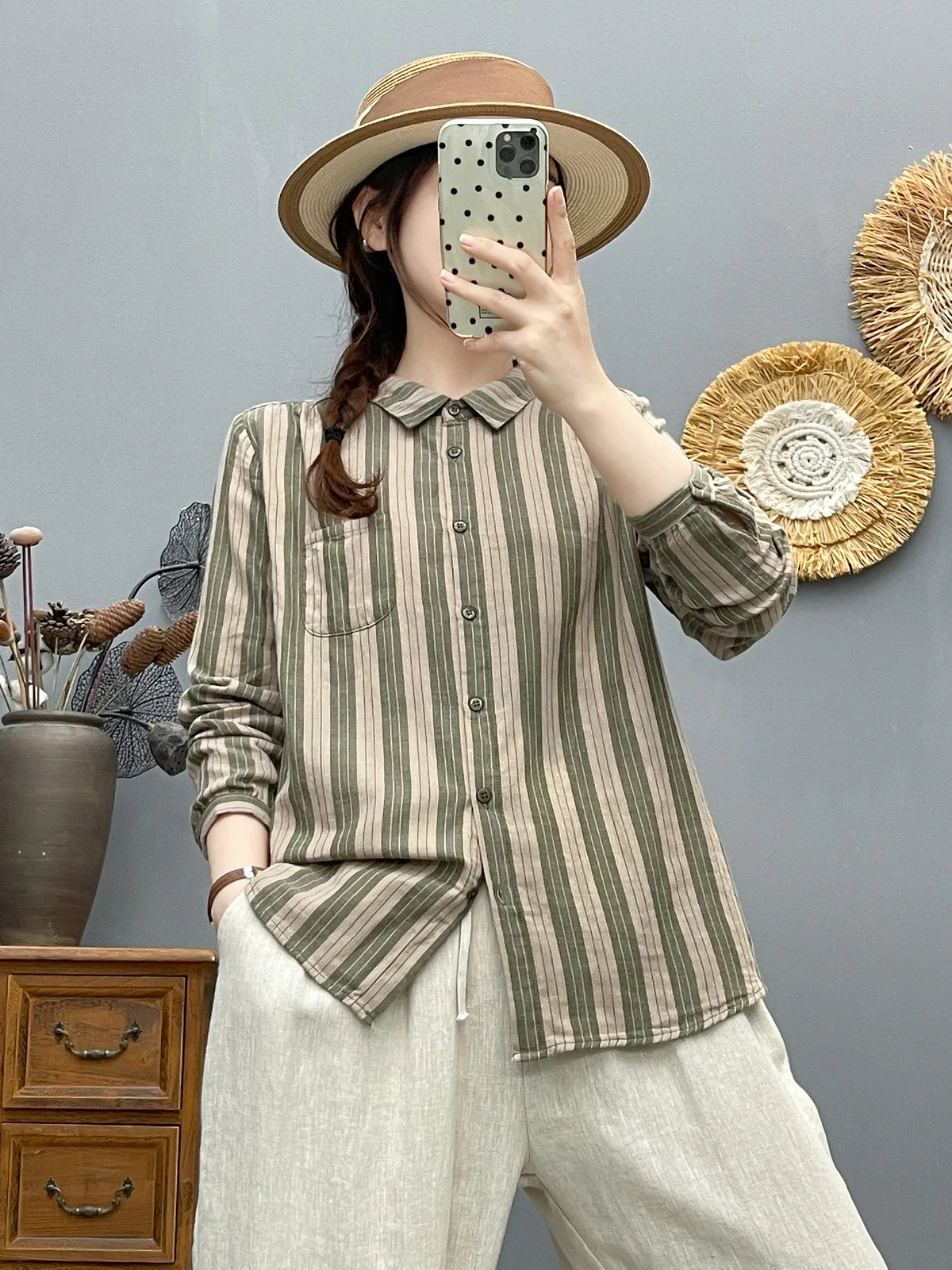 

Fall clothes 2026 women Japan style cotton yarn green striped shirts and blouses long sleeve shirt middle aged women clothing