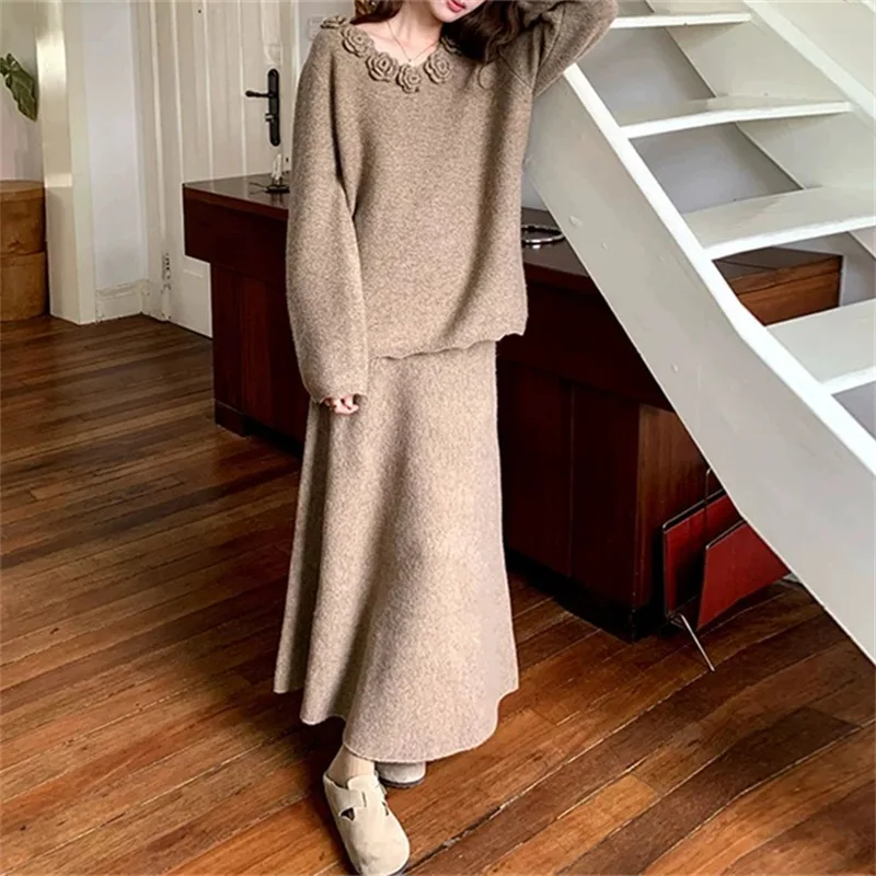 Women Knitted Skirt Set Autumn Female V-Neck Three-Dimensional Flower Pullovers Sweater+Lady Knitted Pleated Half Skirt