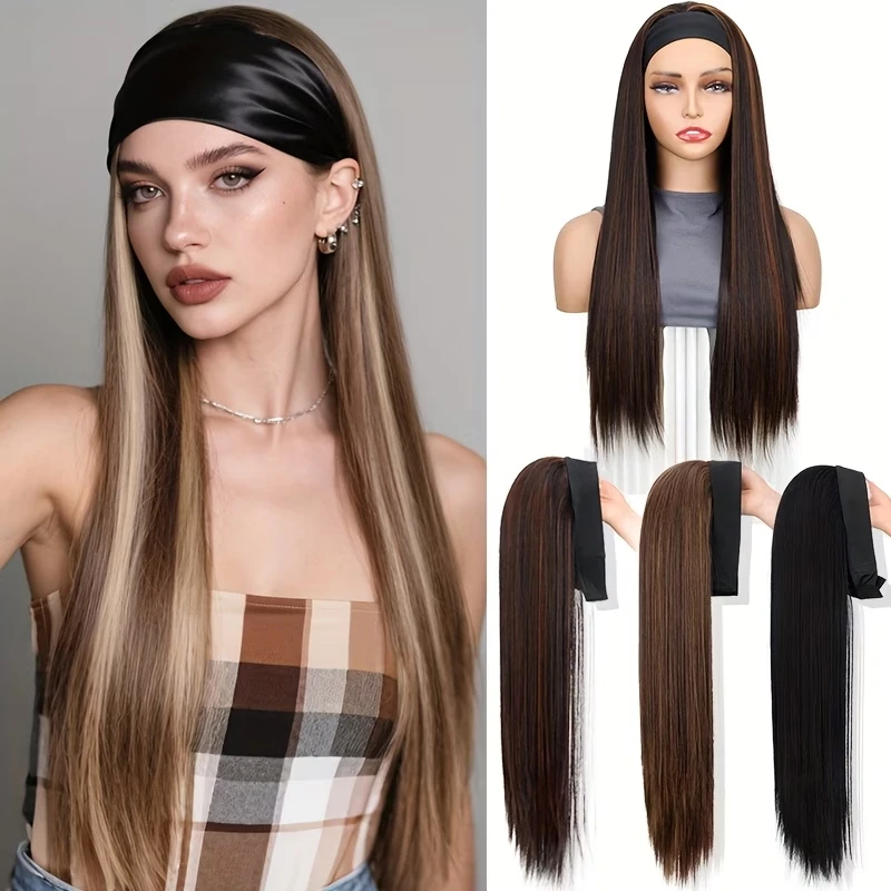 

65cm Synthetic Long Straight Headband Wigs for Women Silky Heat Resistant Wig Natural Looking Hairpiece For Daily Party Use