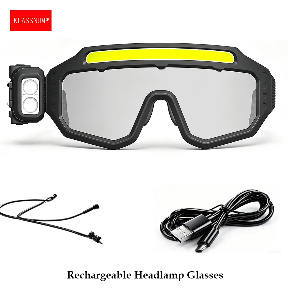 KLASSNUM Work Safety Glasses Type-C Rechargeable LED Headlamp Goggles with Smart Motion Sensor for Cycling Camping Repairs Tool