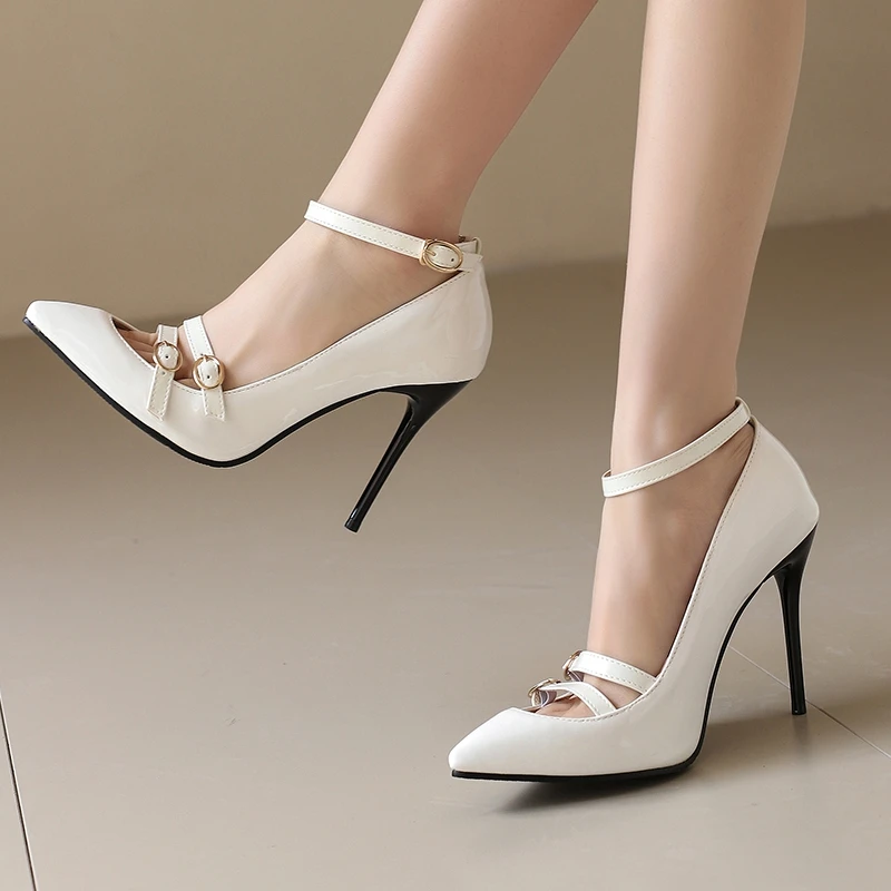 REAVE CAT Sexy Female Pumps 31 32 33 Pointed Toe Stiletto 10cm Ankle Buckle Strap Decoration 49 50 Party Shoes