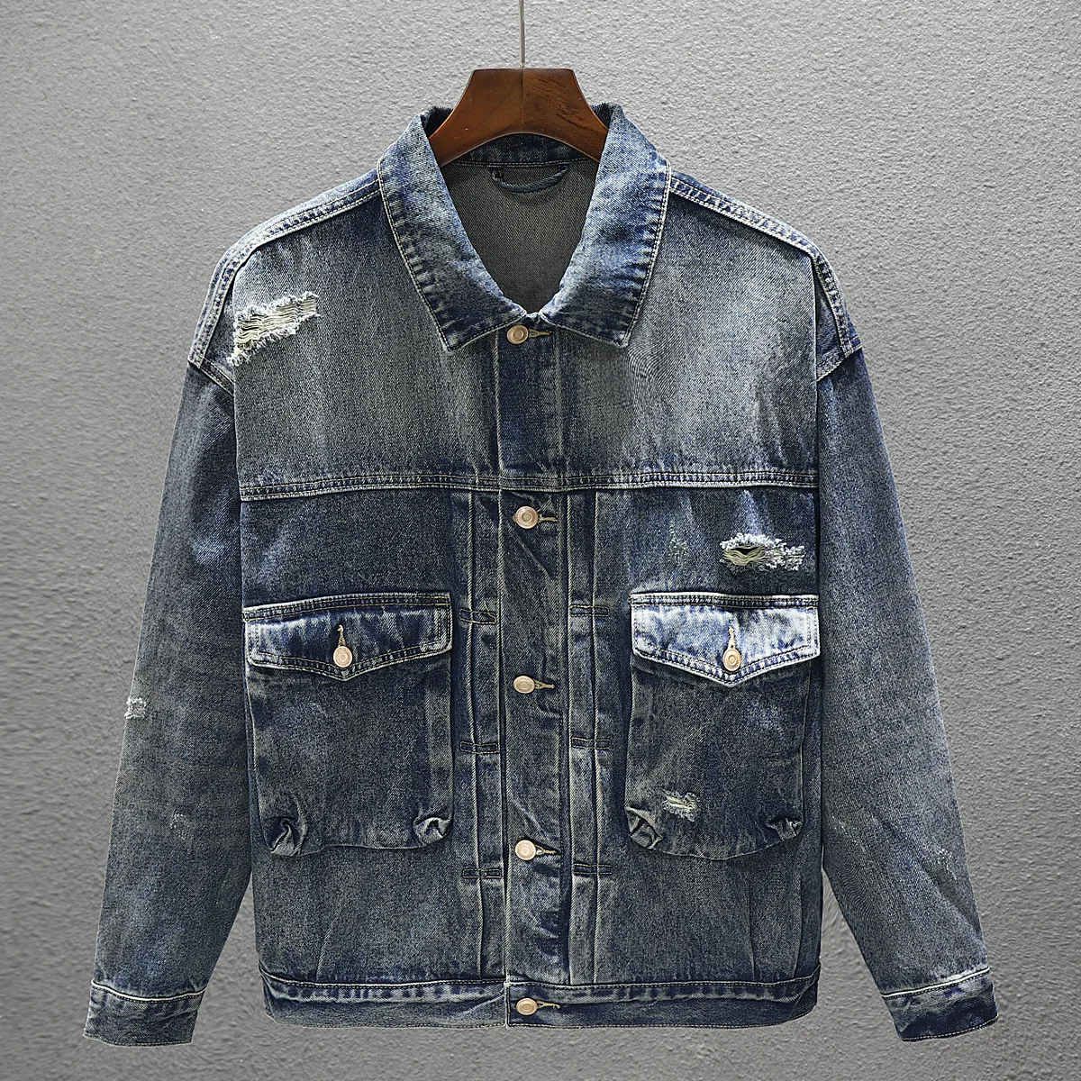 Ripped Men's Denim Jacket Loose Lapel Casual Vintage Distressed Coat Male Big Pocket Hip Hop Jeans Jackets Male Streetwear