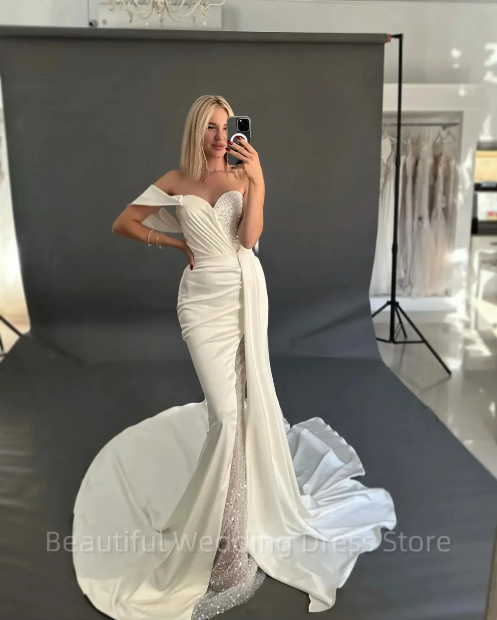 Sexy Open Shoulder Mermaid Wedding Dresses Sweetheart Sequin Pleated Satin Formal Bridal Gowns Robe Vestidos De Novia